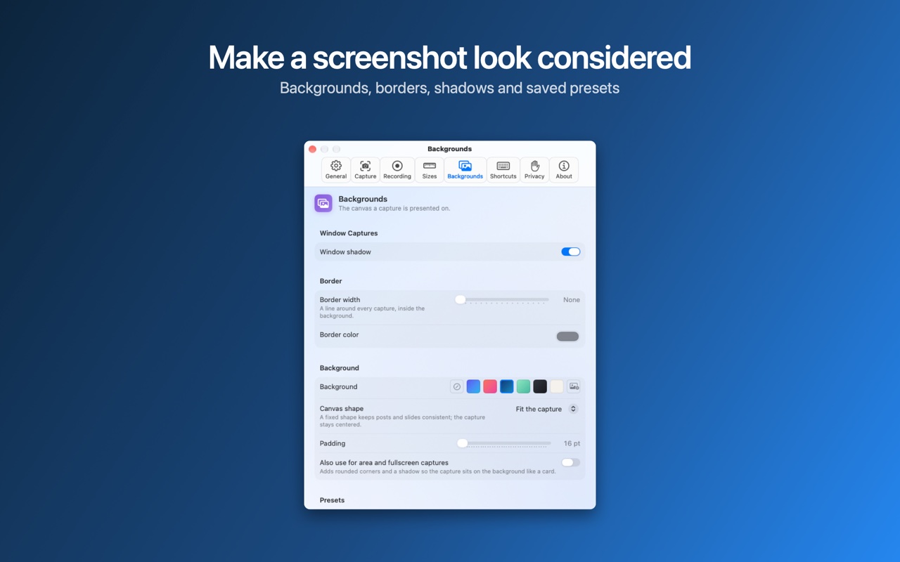 Settings, Backgrounds